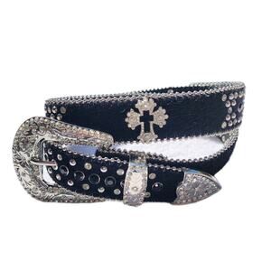 Black Cross Rhinestone Western Bling Buckle Calfskin Belt Rodeo Rock Cowgirl 30"